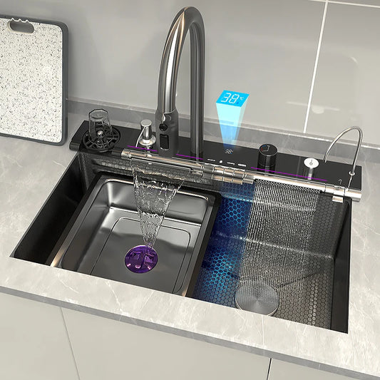 Stainless Steel Kitchen Waterfall Sink Embossed Digital Display Large Single Slot