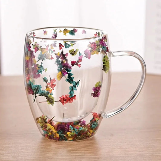Artificial flower Pattern Heat Insulated Quicksand Water Cup Double Walled Glass