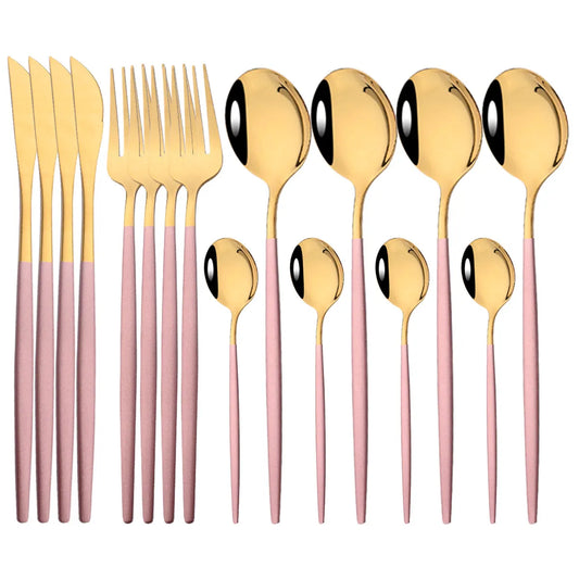 Pink Gold Dinnerware Tableware Set Mirror Stainless Steel Cutlery Kitchen Knife Fork
