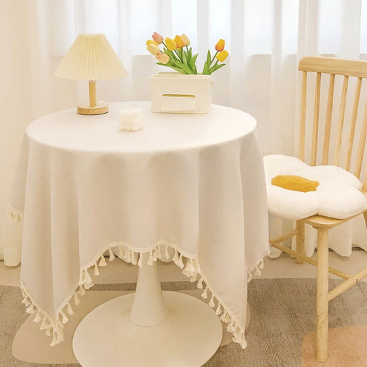 Tassel cotton linen tablecloth desk decoration cloth round tablecloth tea table dining table