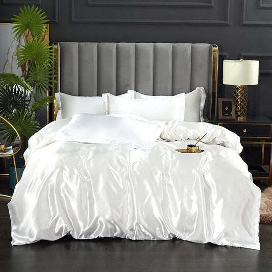 Silk Bedding Set with Duvet Cover Bed Sheet Pillowcase Luxury Satin Bedsheet Solid Color